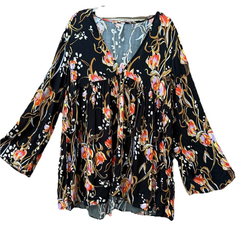 Free People Bella Floral Boho Tunic Top M Black Bell Sleeve Festival Peasant